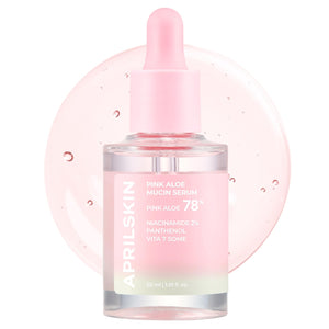 APRILSKIN Suero de mucina de aloe rosa en botella para hidratación suave.