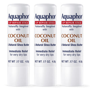 Aquaphor barra reparadora de labios con coco, hidratación rápida.