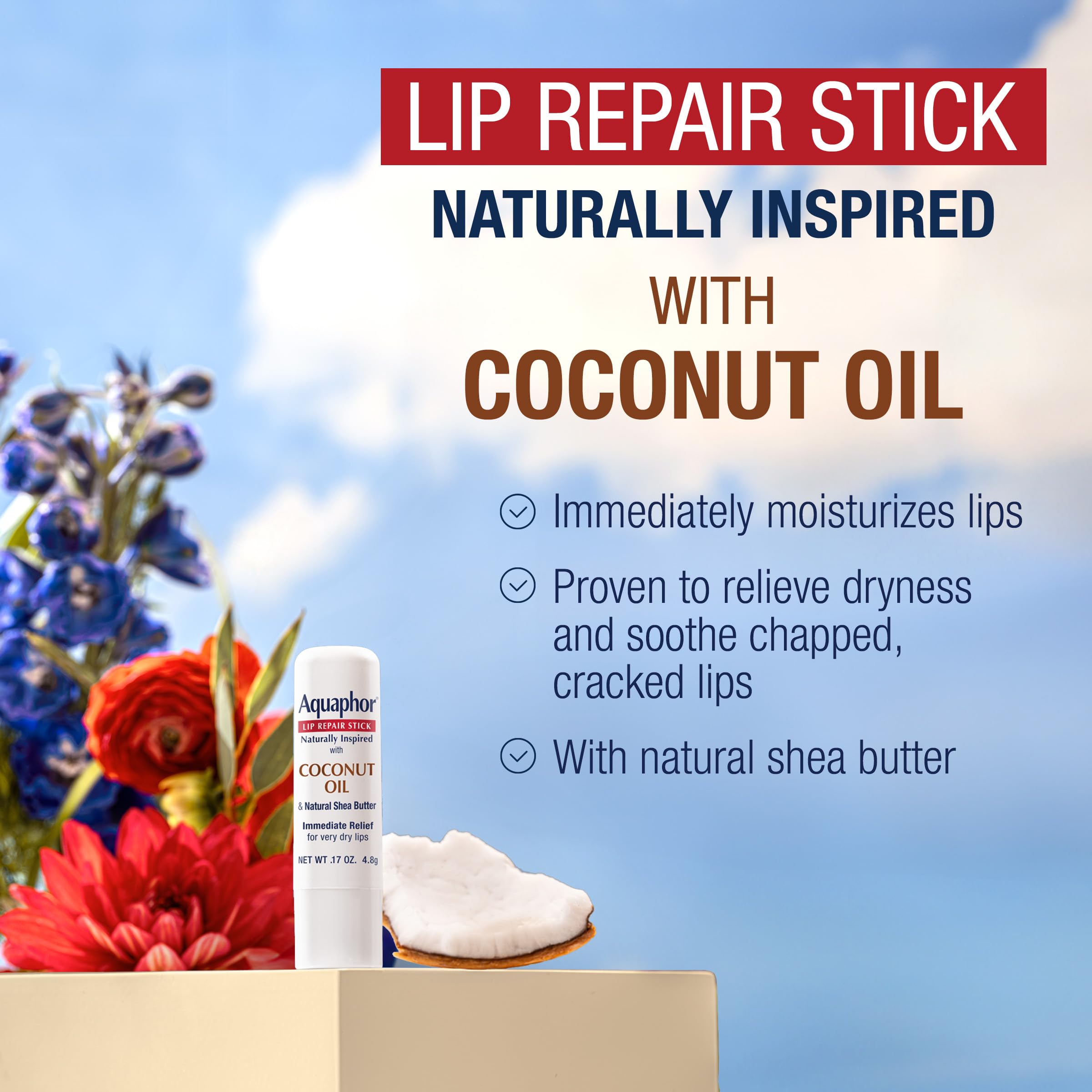 Barra reparadora de labios Aquaphor con manteca de karité, nutrición suave.