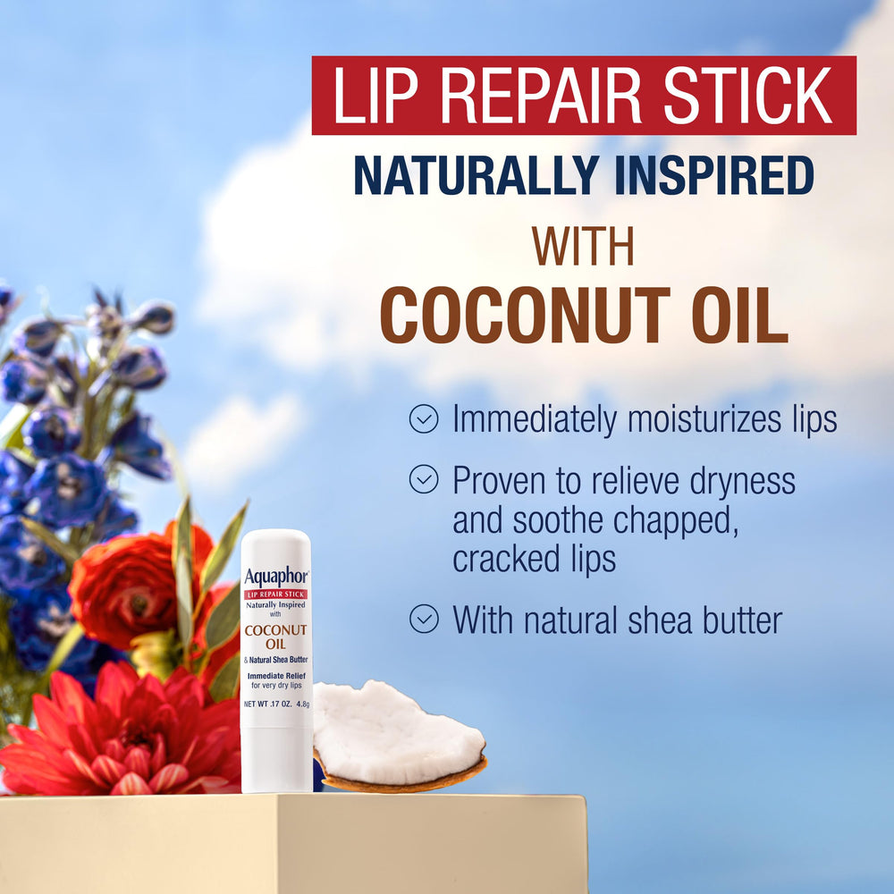 Barra reparadora de labios Aquaphor con manteca de karité, nutrición suave.