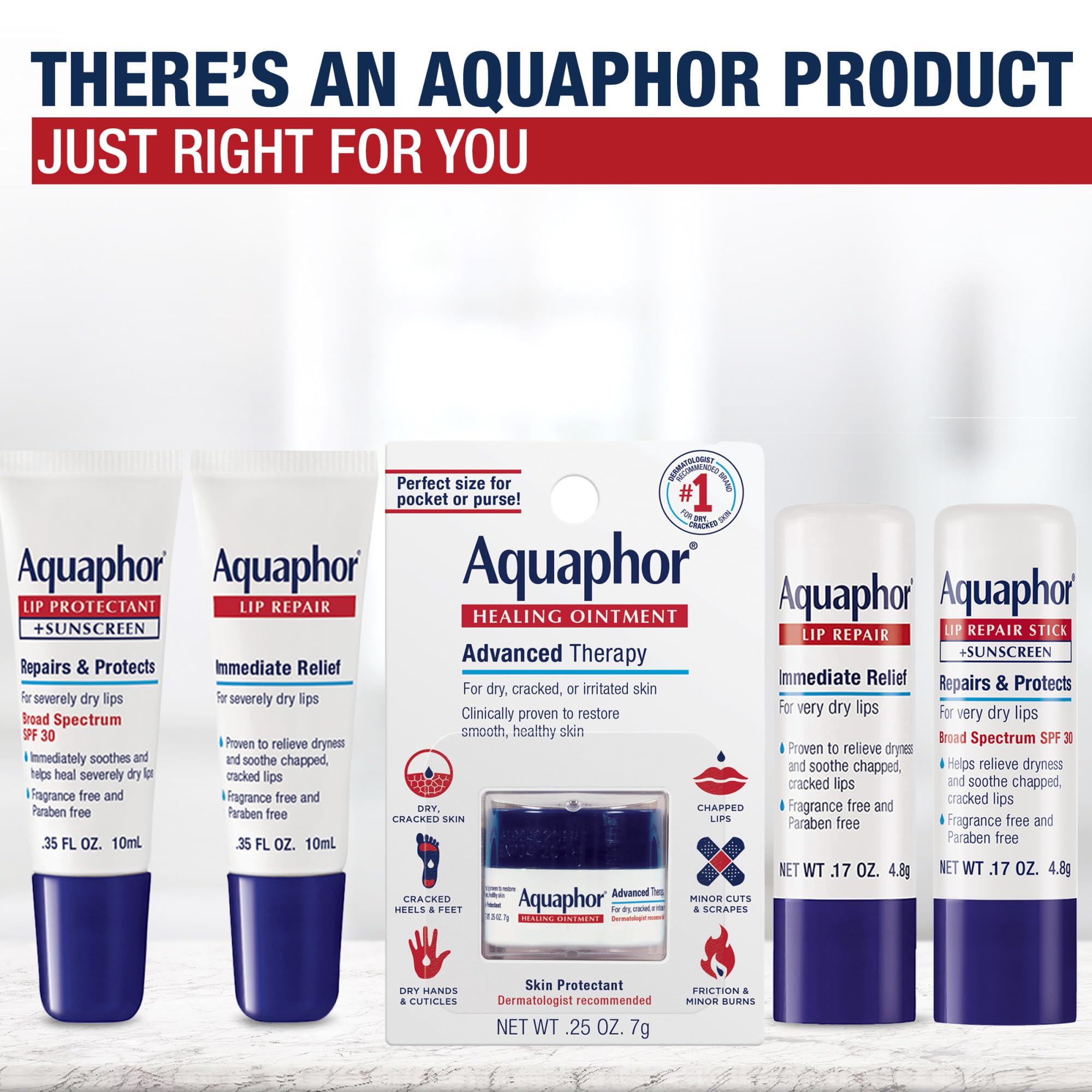 Etiqueta sin fragancia de Aquaphor Lip Repair, opción segura para piel sensible.