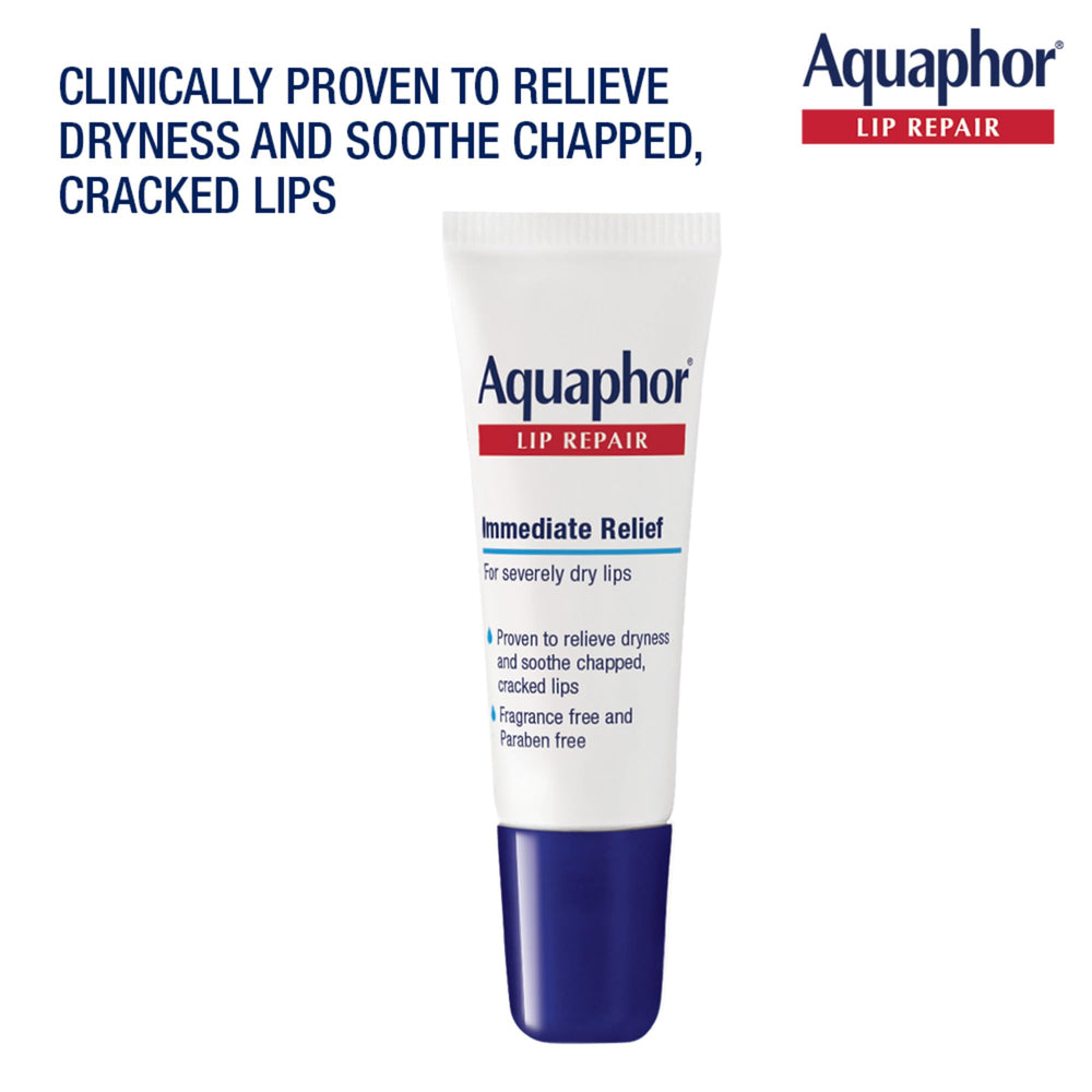 Aquaphor Lip Repair: dorso del envase, hidratación suave y duradera.