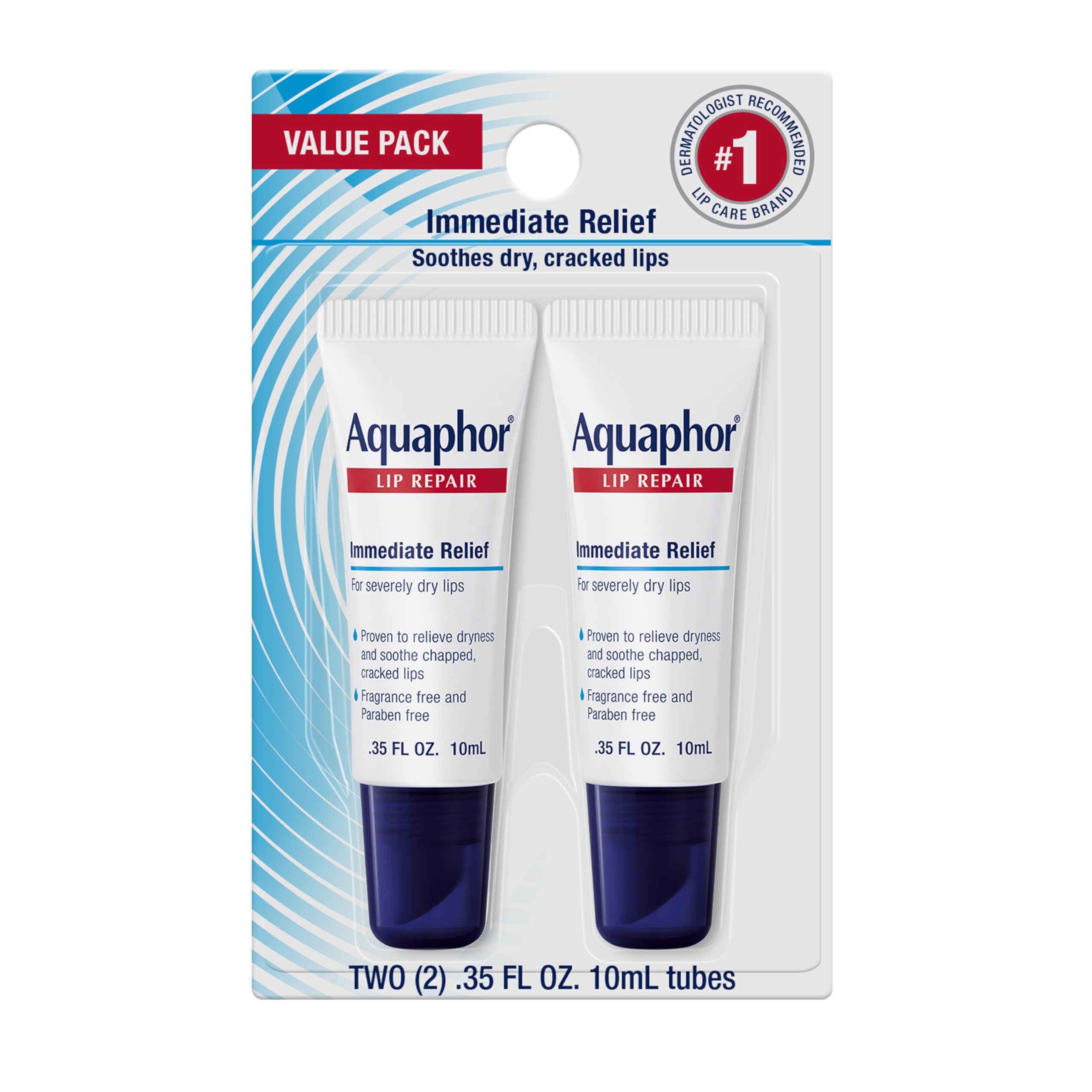 Aquaphor Lip Repair: frontal del tubo 0.35oz, alivio rápido para labios resecos.