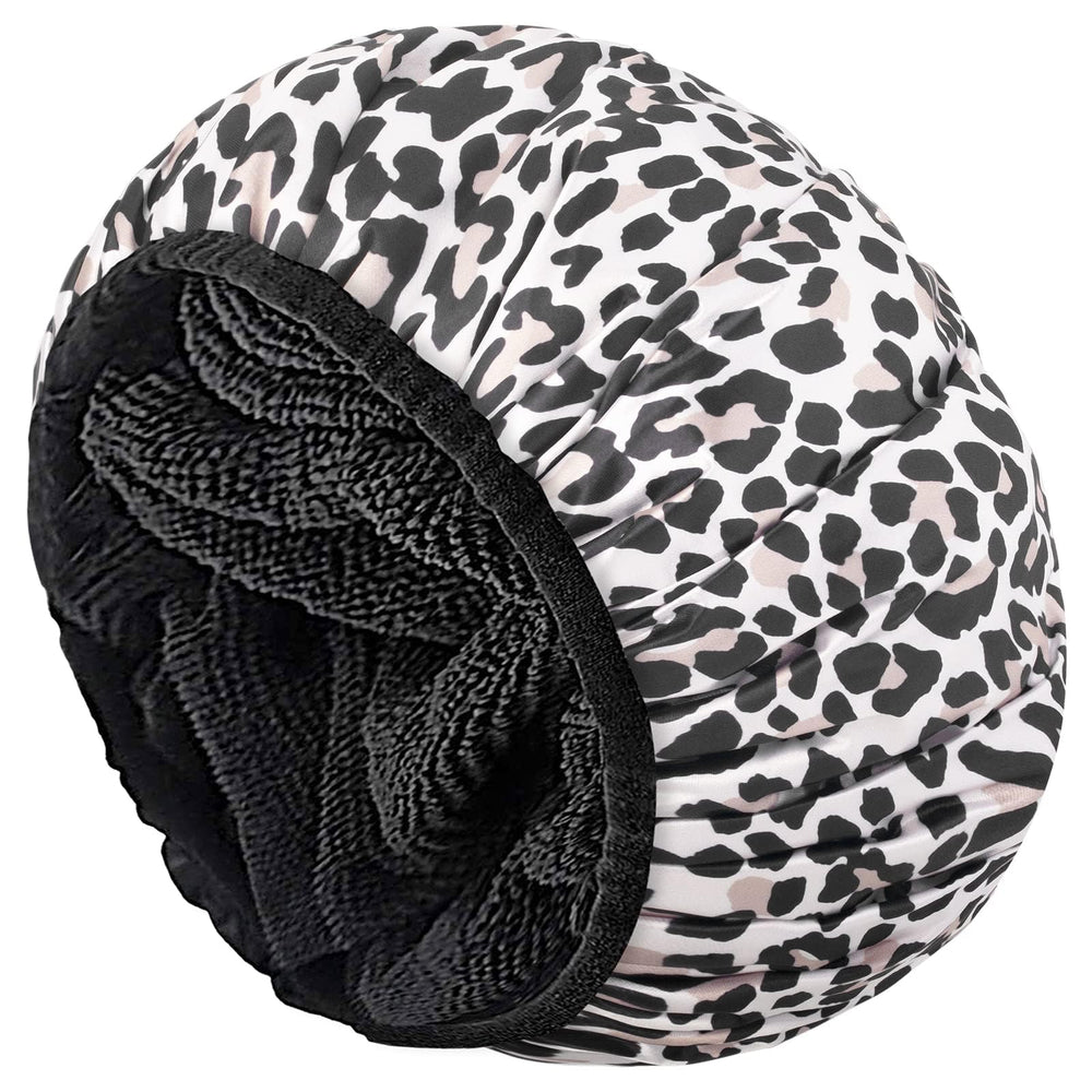 Gorro de ducha Aquior extragrande con estampado leopardo y seda para cabello largo.