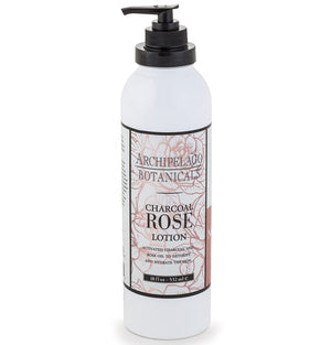 Loción Charcoal Rose de Archipelago Botanicals: bote con carbón activado para piel suave.