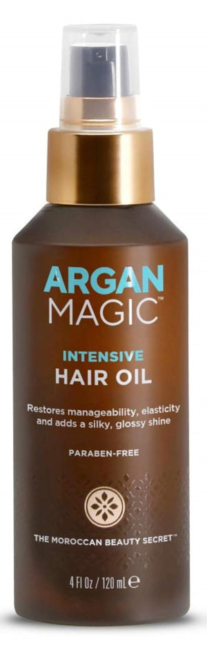 Argan Magic Intensive Hair Oil vertiendo para equilibrar la hidratación del cabello