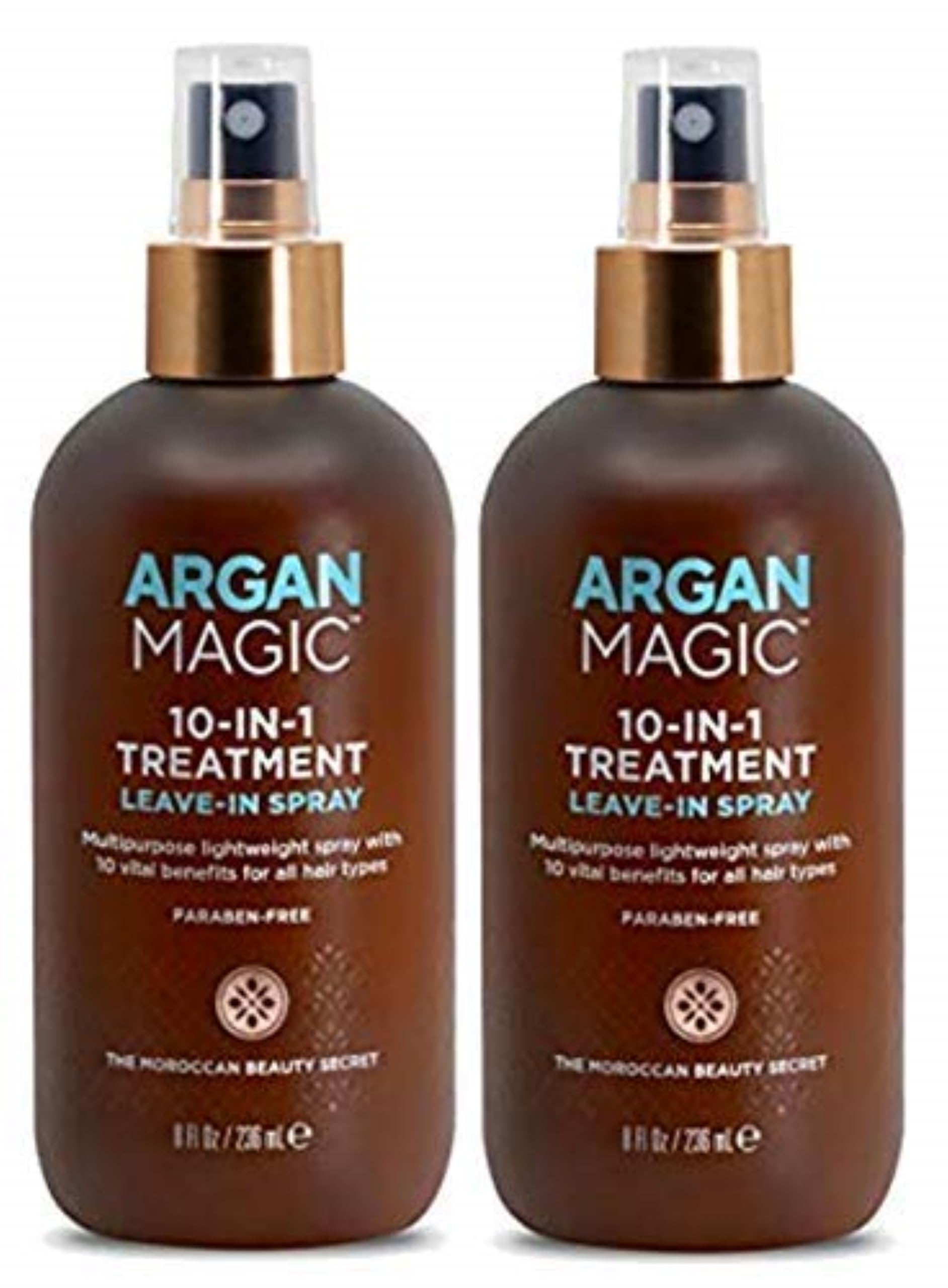 Argan Magic tratamiento 10 en 1, botella de 8 oz, desenreda y aporta brillo.