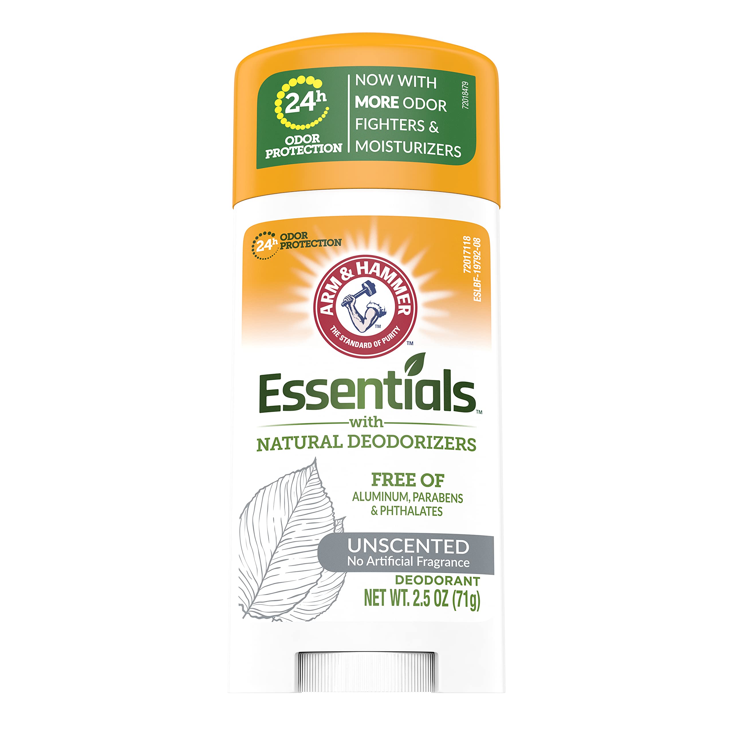 Arm & Hammer Essentials Desodorante Sólido Sin Fragancia, lateral izquierdo, uso diario discreto.