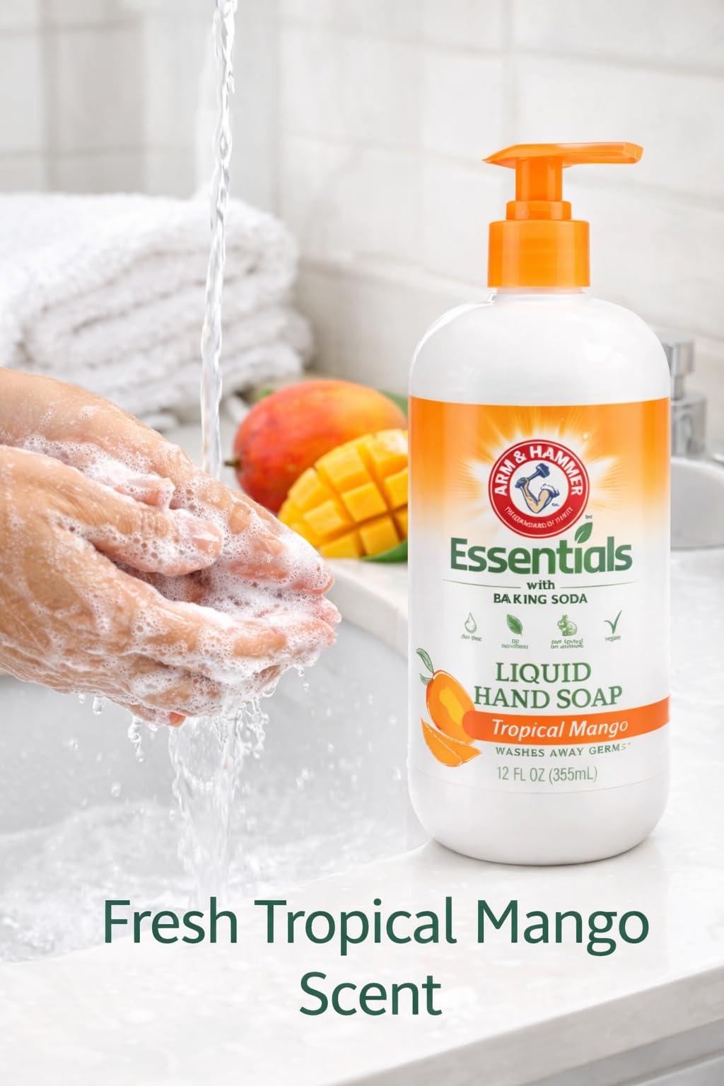 Arm & Hammer Essentials fragancia mango tropical, sensación refrescante.