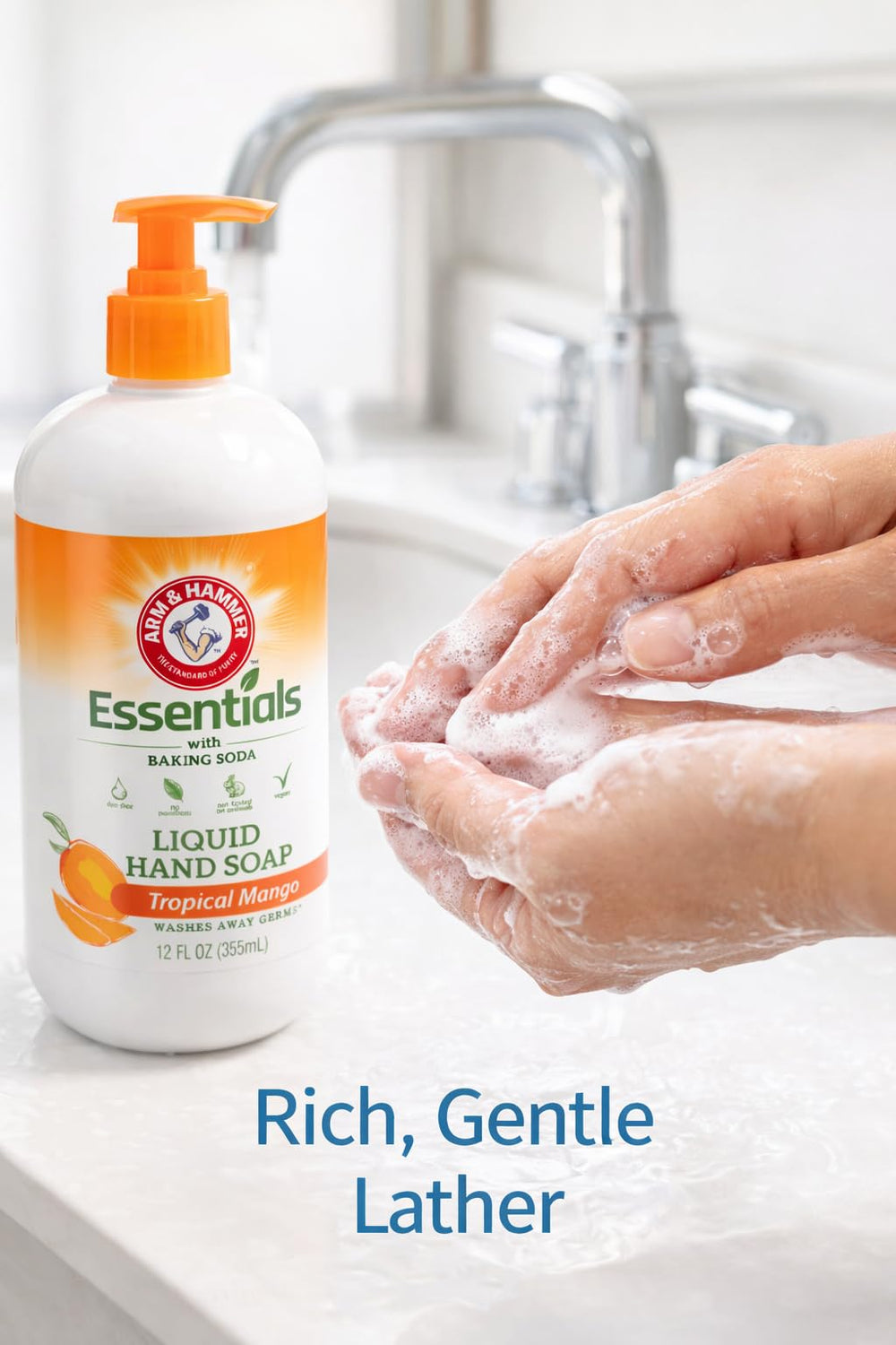 Arm & Hammer Essentials envase práctico sin colorantes ni parabenos.