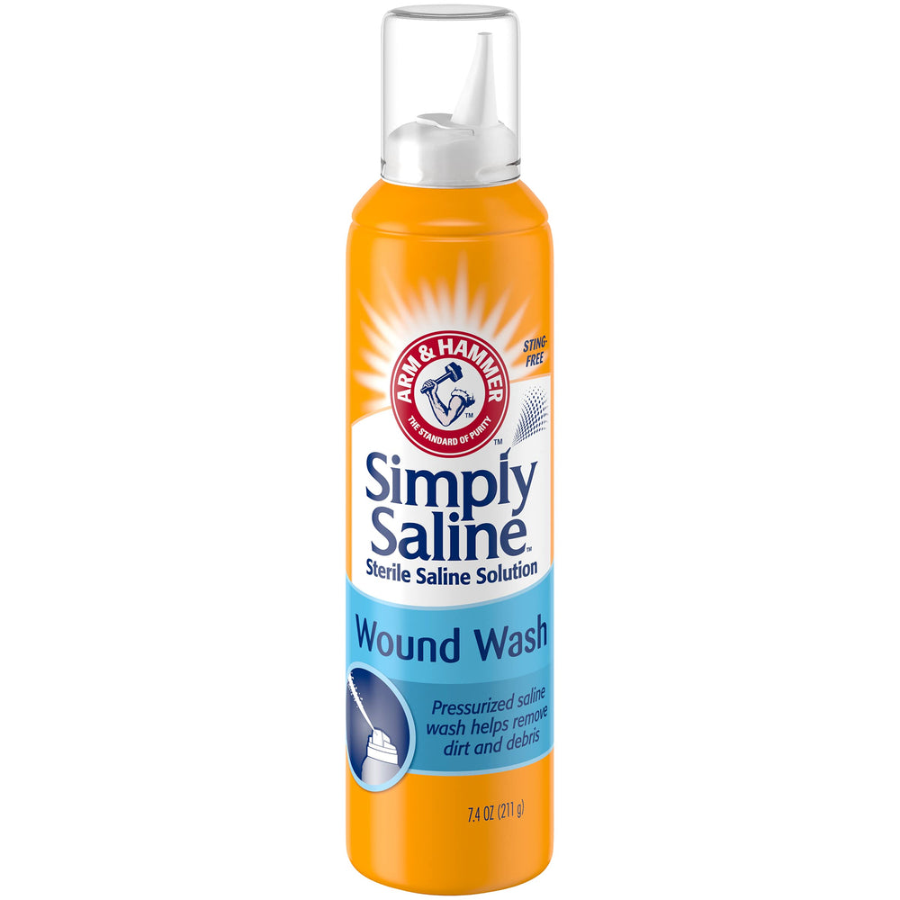 Arm & Hammer Simply Saline envase esteril seguro para piel sensible al limpiar heridas.