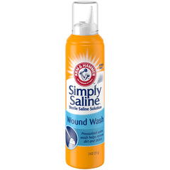 Arm & Hammer Simply Saline envase esteril seguro para piel sensible al limpiar heridas.