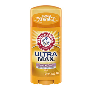 Arm & Hammer Ultramax desodorante en barra con aroma polvo fresco para uso diario.