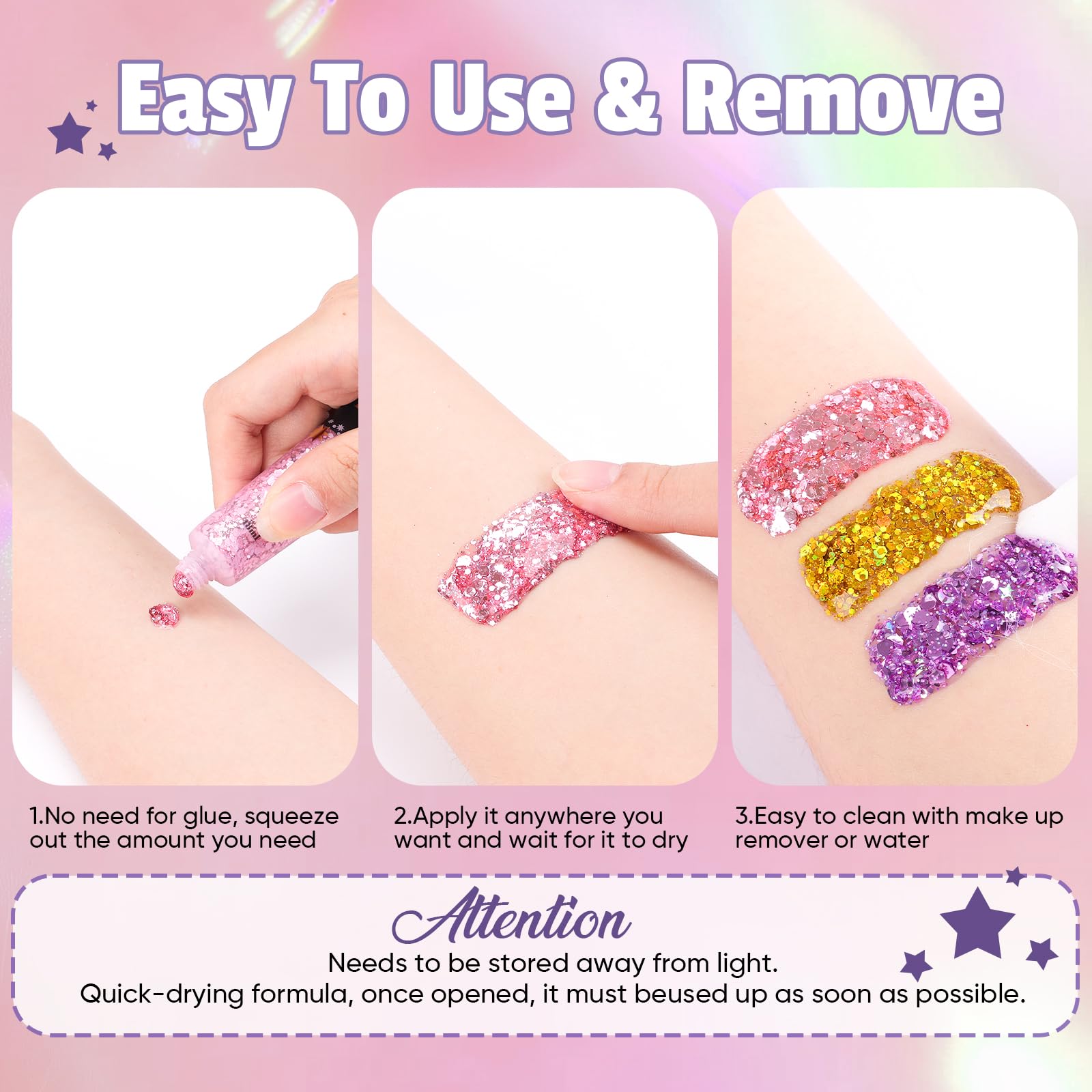 AROIC glitter de remoción fácil con agua y jabón, sin complicaciones.