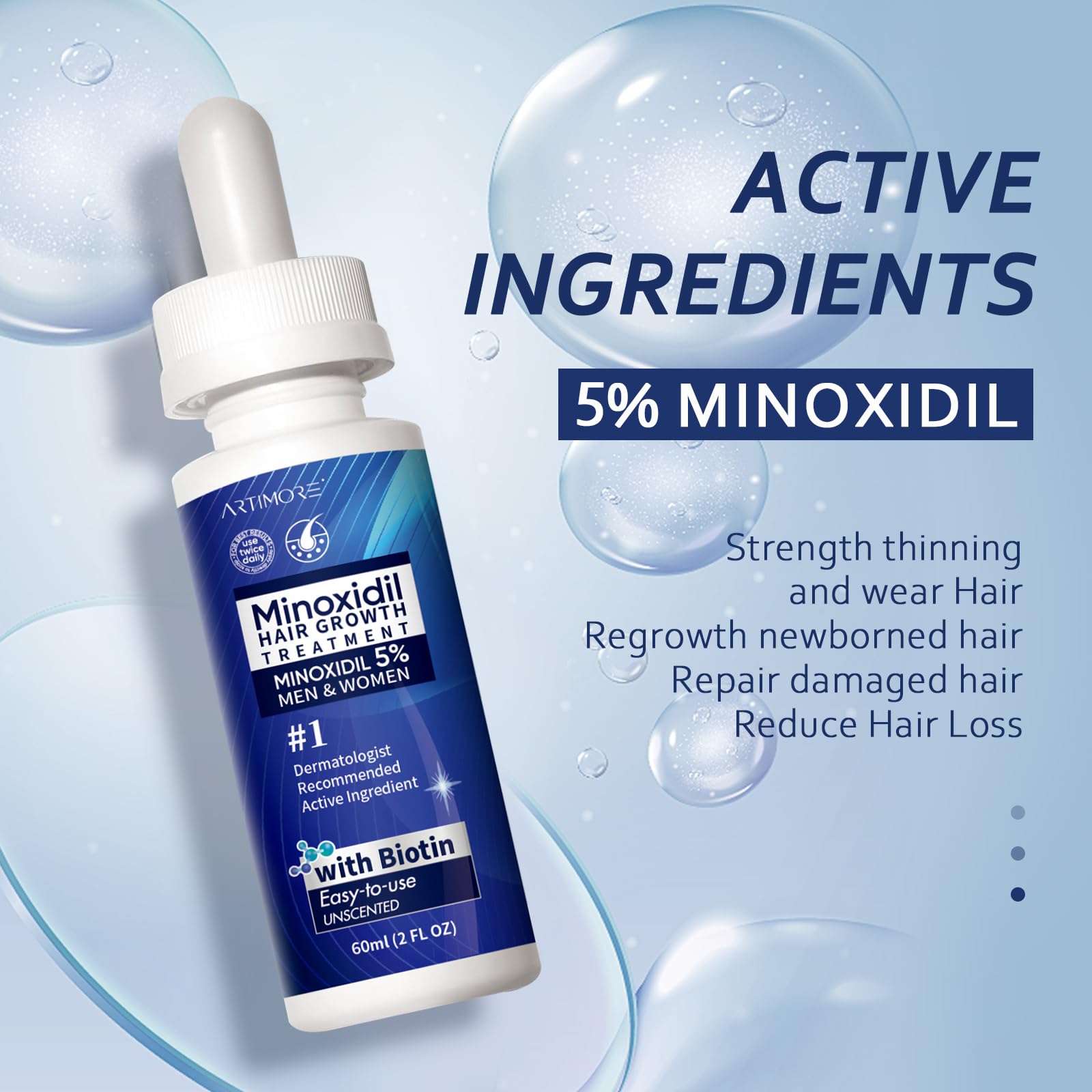 Artimore minoxidil scalp application showing even coverage for fuller look.