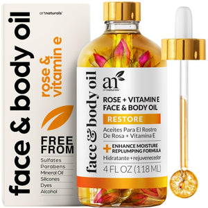 Artnaturals Aceite Rosa Vitamina E en frasco de 4 onzas, hidratación profunda para la piel.