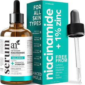 Serum Artnaturals Niacinamida, botella visible, poros más finos.