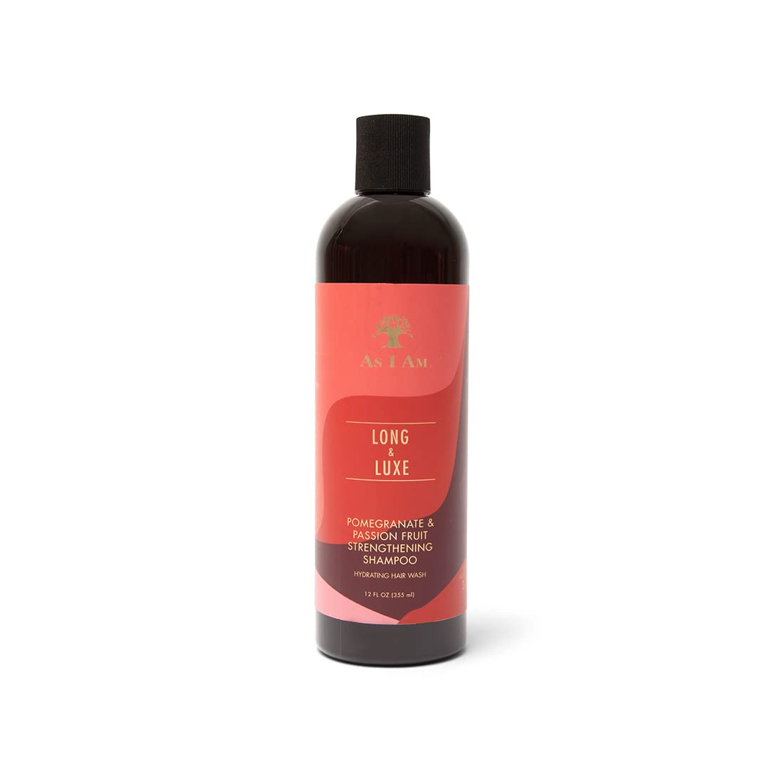 As I Am Long and Luxe Strengthening Shampoo en botella, detalla la fortaleza para cabello largo