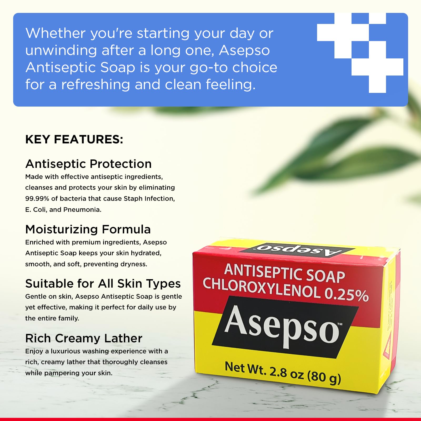 Asepso jabón antiseptico original, espuma cremosa para una limpieza suave.