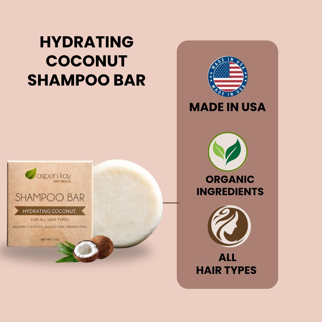 Aspen Kay Naturals bar champú coco argán, textura para hidratación ligera