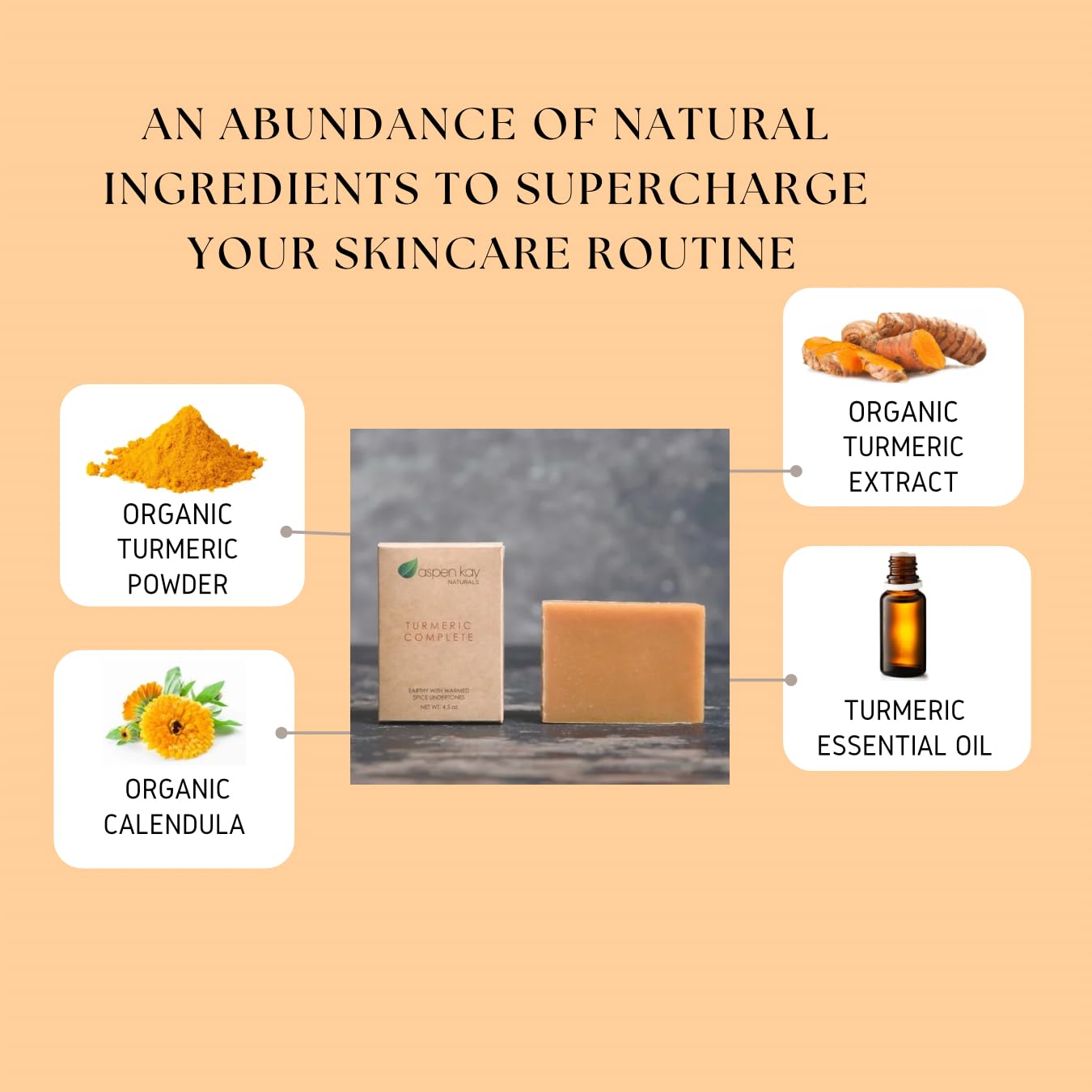 Aspen Kay Naturals Jabón de cúrcuma con ingredientes orgánicos visibles.