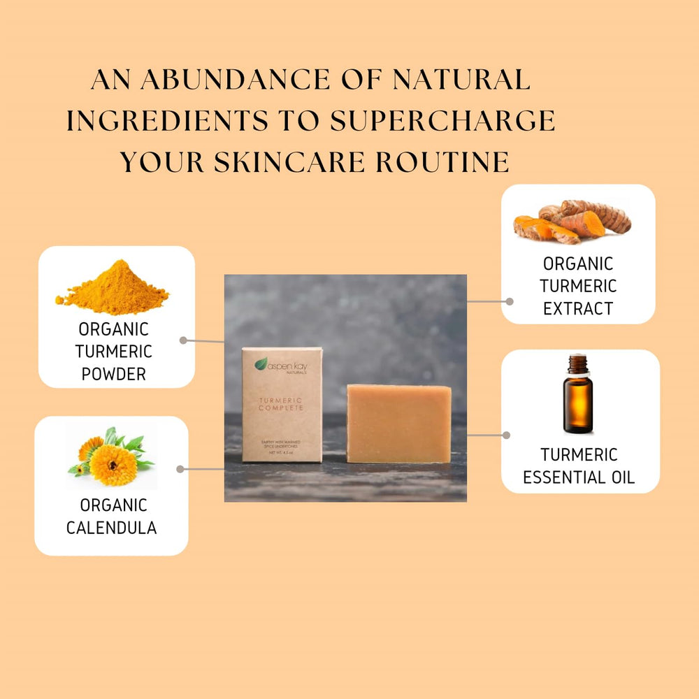 Aspen Kay Naturals Jabón de cúrcuma con ingredientes orgánicos visibles.
