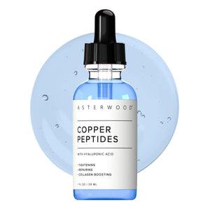 Asterwood copper peptides serum bottle highlighting hydration and anti-aging potential.
