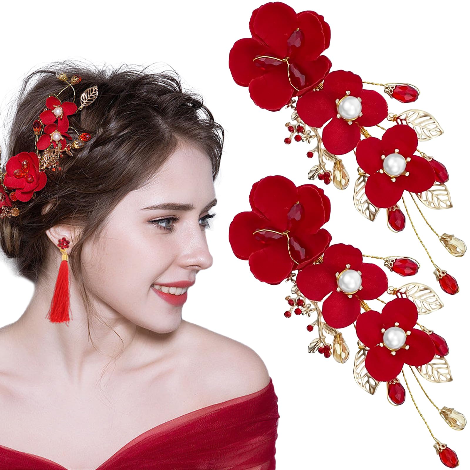 Aswewamt clip floral rojo con cristales y perlas para boda.