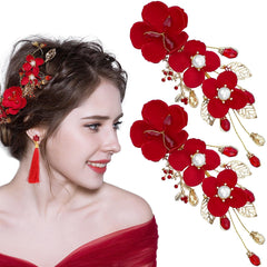 Aswewamt clip floral rojo con cristales y perlas para boda.