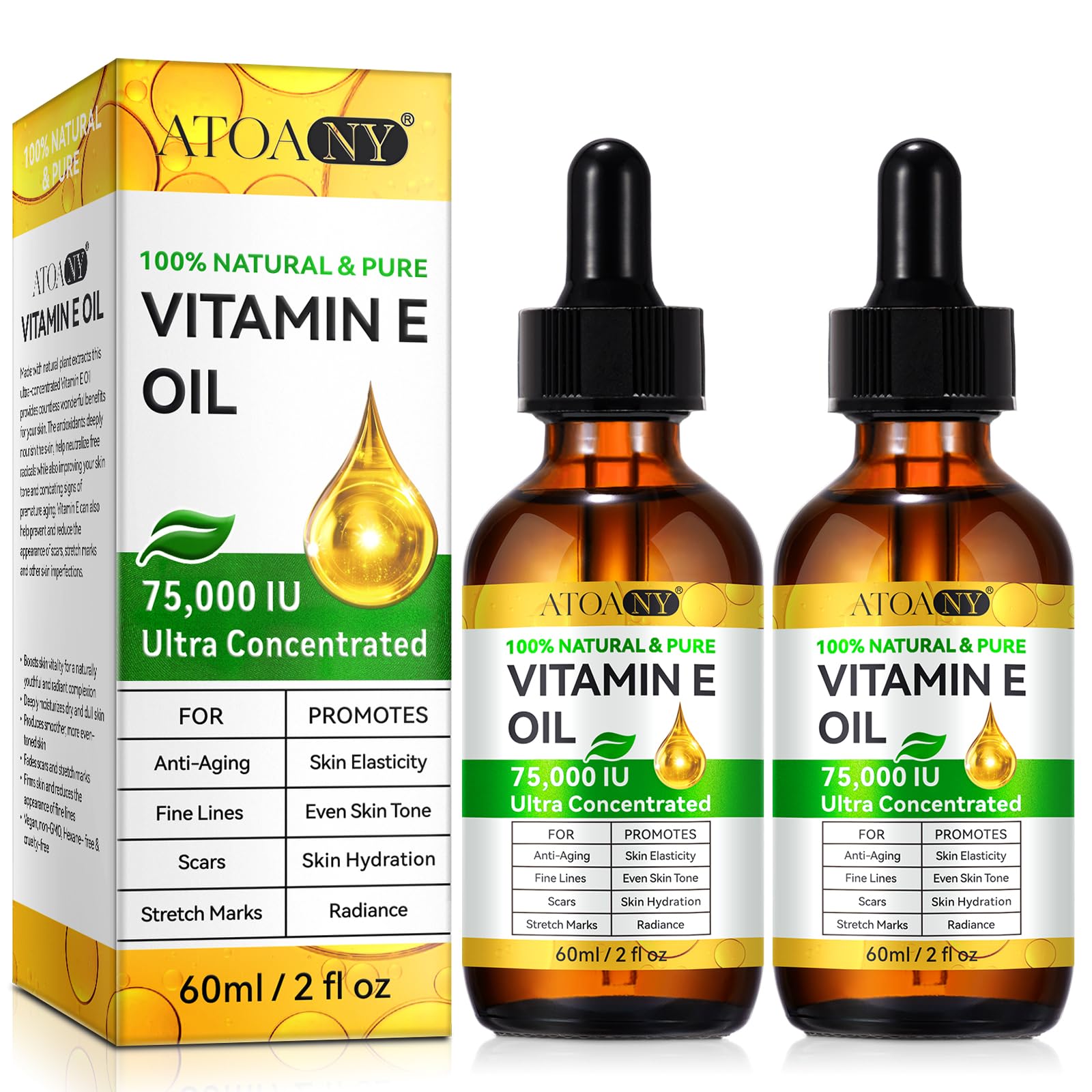 ATOANY Aceite de Vitamina E 75,000 UI en frascos para hidratación suave.