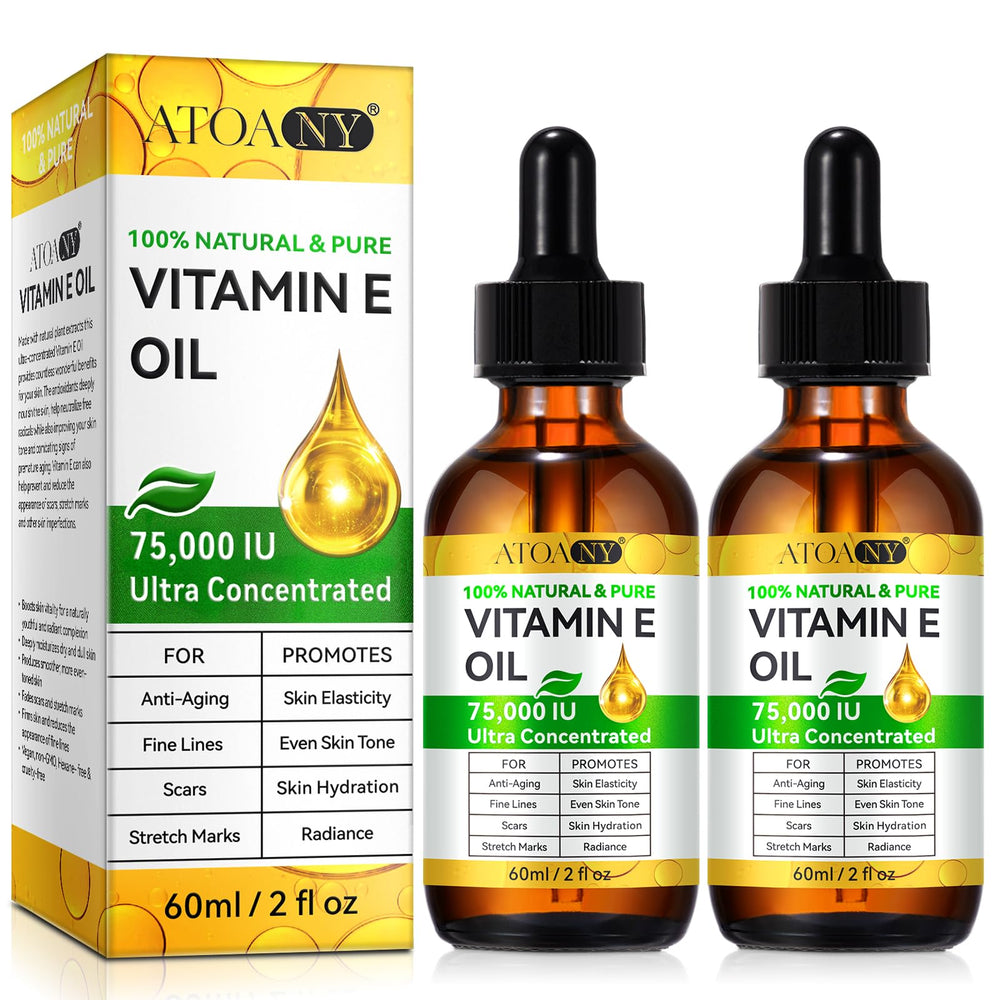 ATOANY Aceite de Vitamina E 75,000 UI en frascos para hidratación suave.