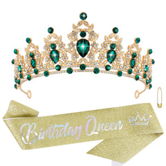 Corona verde Atoden con cristales, ideal para cumpleaños con glamour