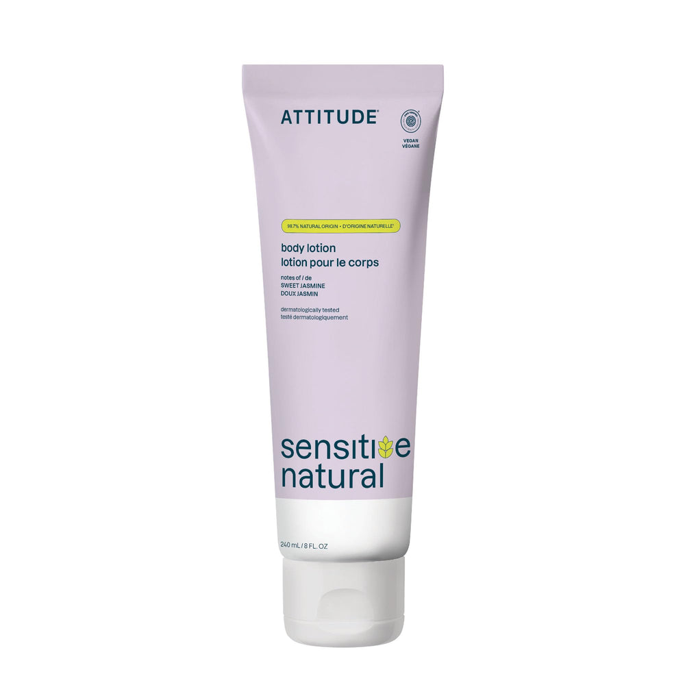 ATTITUDE Loción Corporal Piel Sensible en frasco, hidratación suave para uso diario.