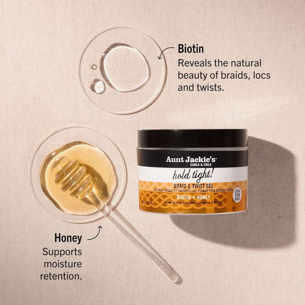 Aunt Jackie's biotina y miel: ingredientes clave para fortalecer el cabello.