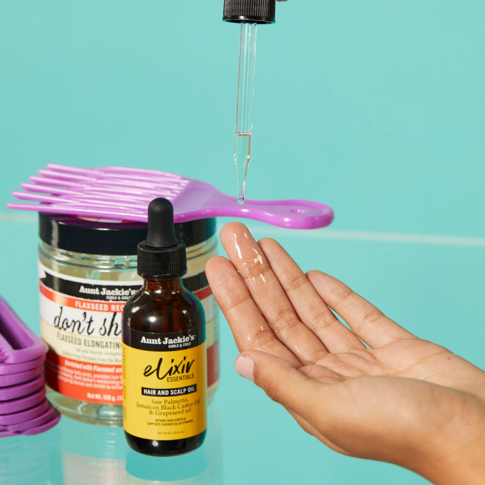 Aunt Jackie's Elixir Essentials con saw-palmetto para densidad capilar.
