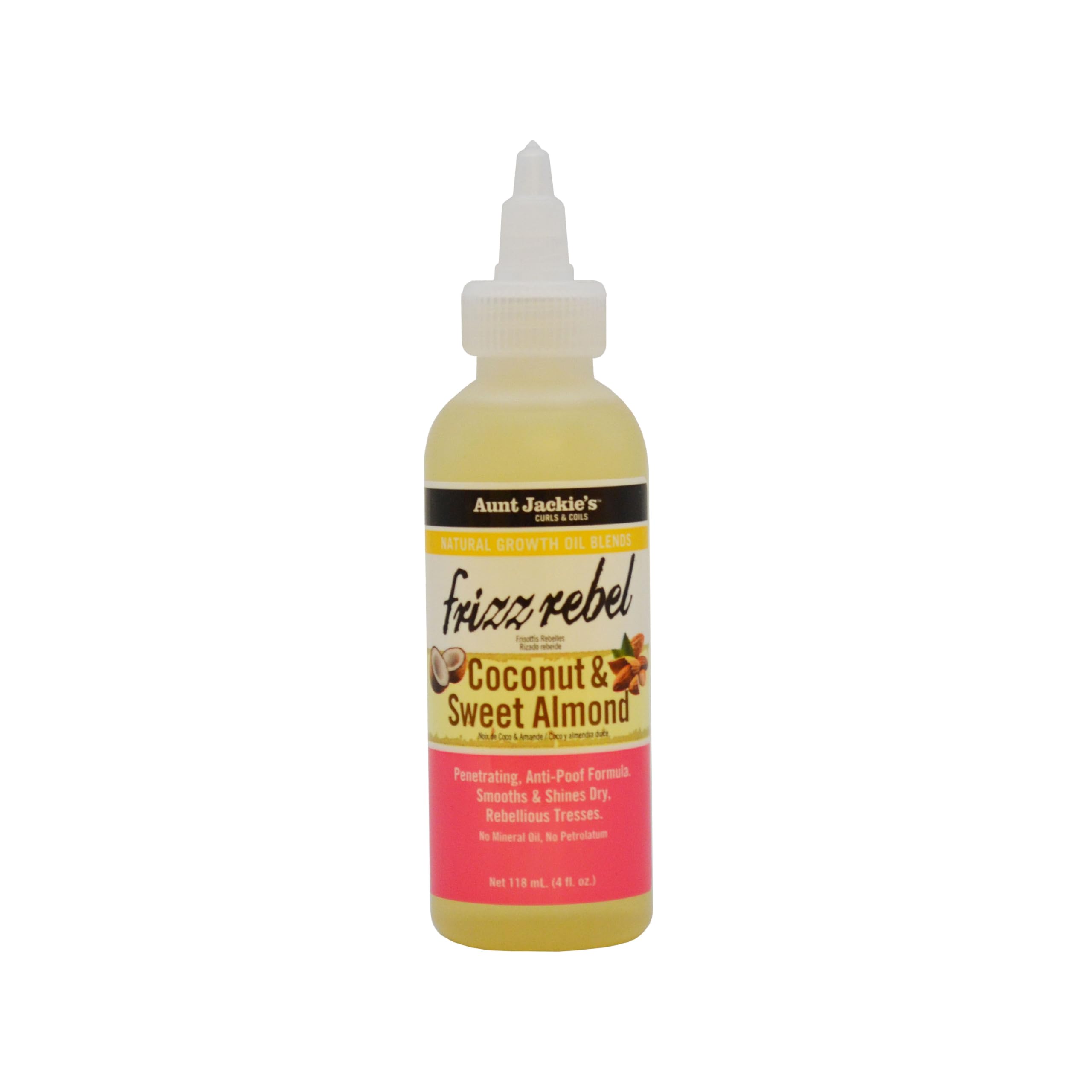 Aunt Jackie's Frizz Rebel bote con aceite de coco y almendra para suavizar y dar brillo.