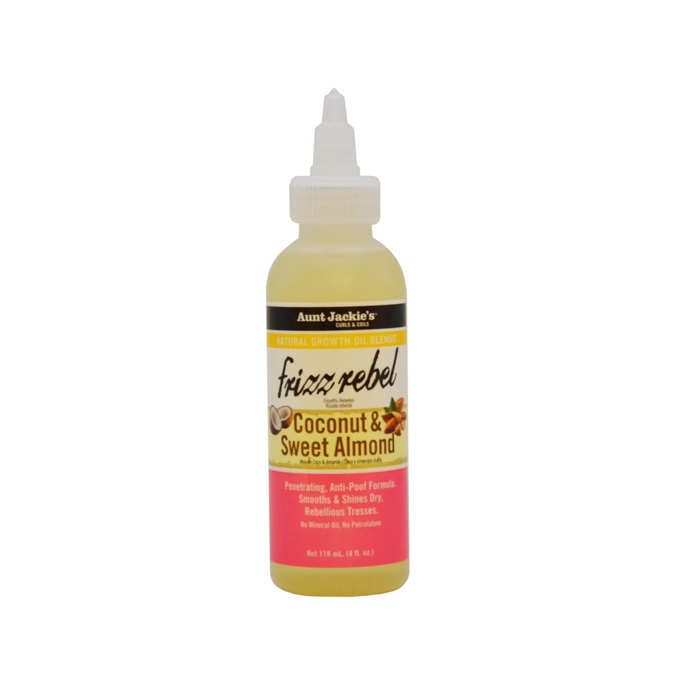 Aunt Jackie's Frizz Rebel bote con aceite de coco y almendra para suavizar y dar brillo.