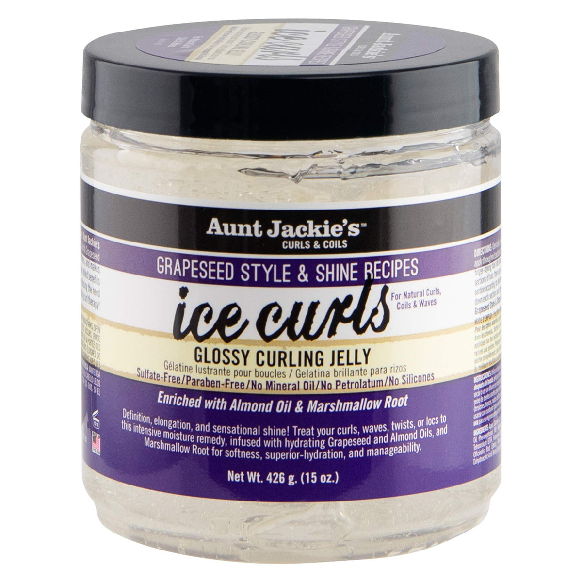 Aunt Jackie's Gel para rizos Brillantes; botella visible para definición y brillo