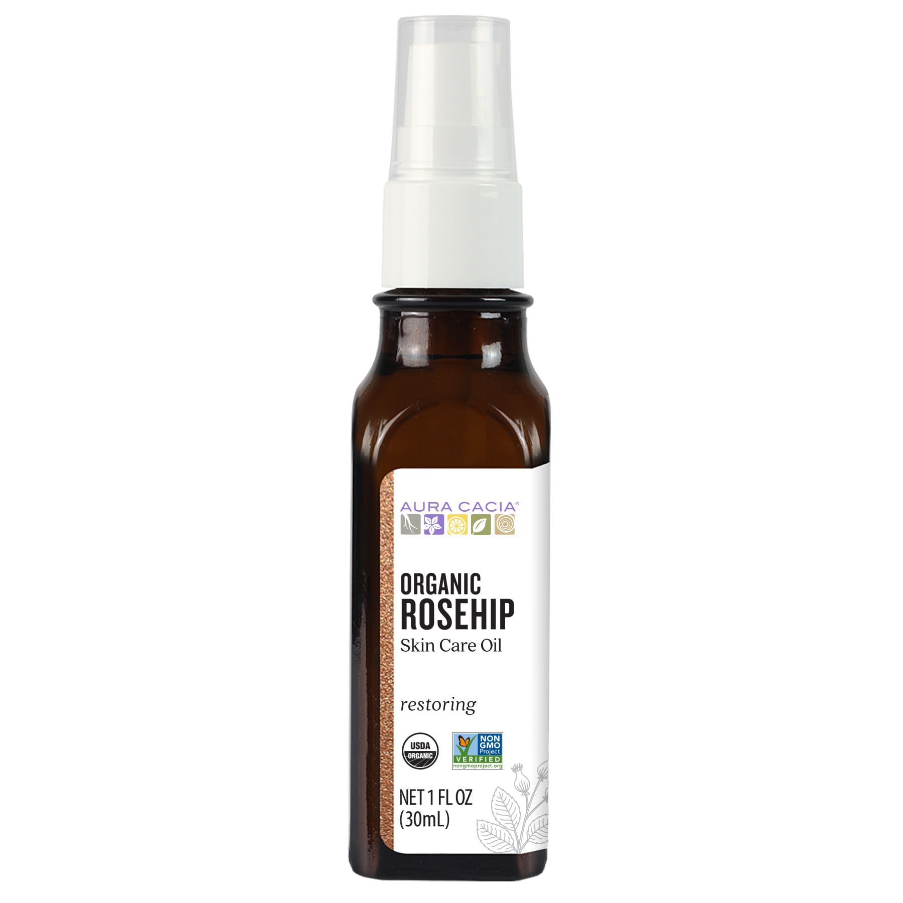 Aura Cacia aceite rosa mosqueta, botella clara, lista para cuidado facial diario.