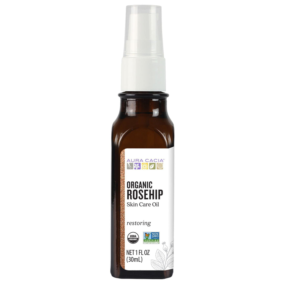 Aura Cacia aceite rosa mosqueta, botella clara, lista para cuidado facial diario.