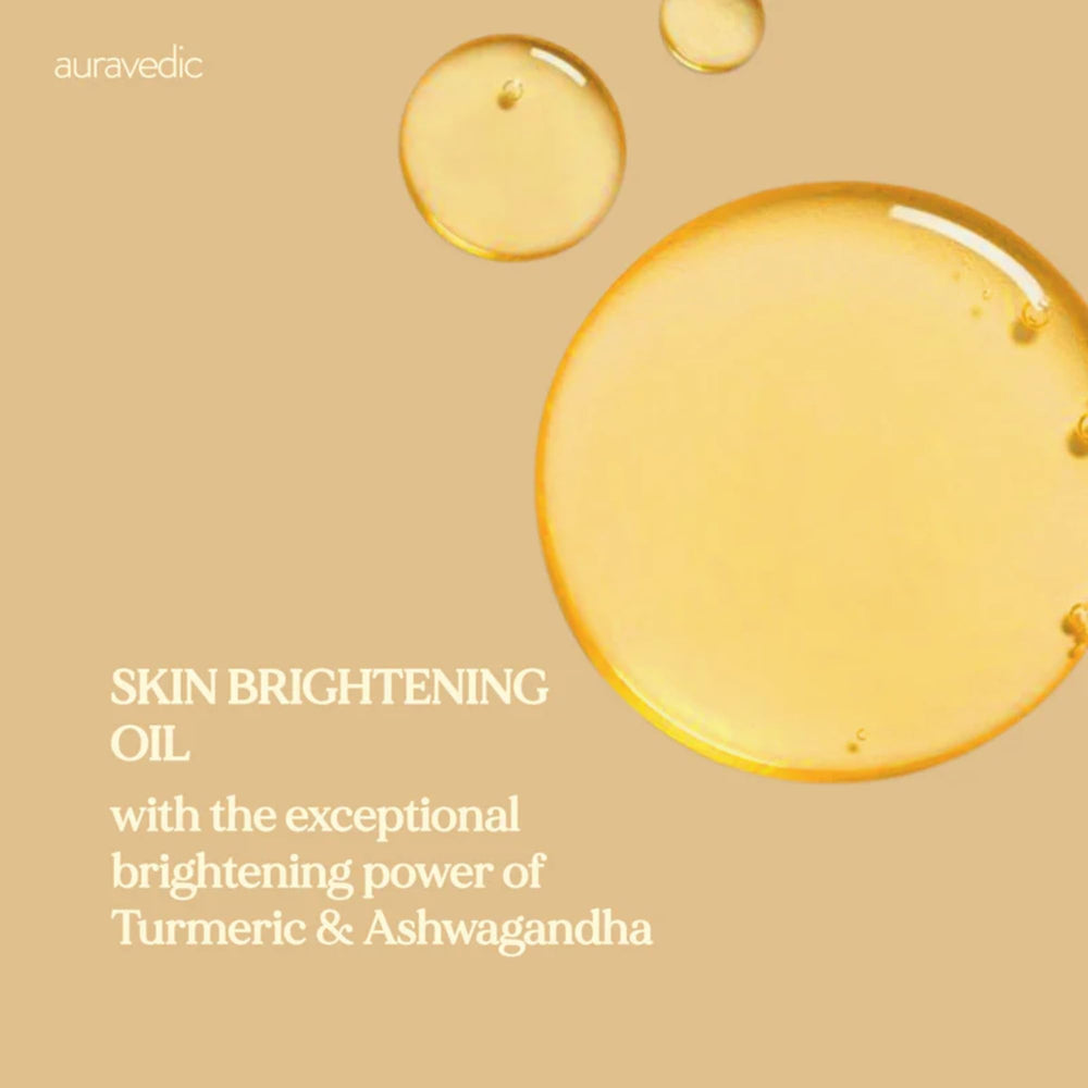 Frasco de Auravedic aceite curcuma, facilita un masaje facial suave.