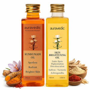 Auravedic Kumkumadi, aceite en botella, proporciona hidratación suave para pieles normales.