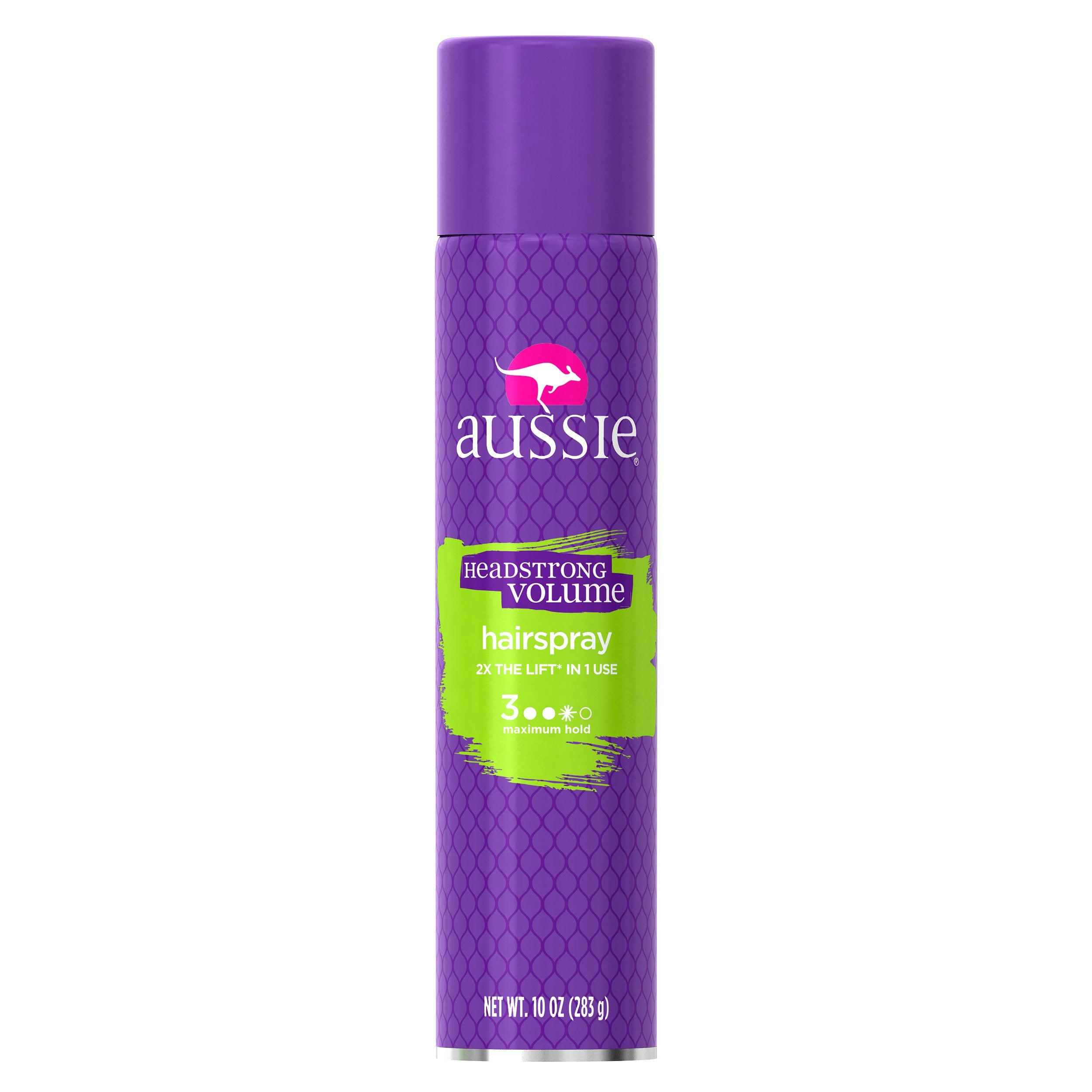 Aussie Headstrong Aerosol de volumen, lata visible, ofrece fijación.