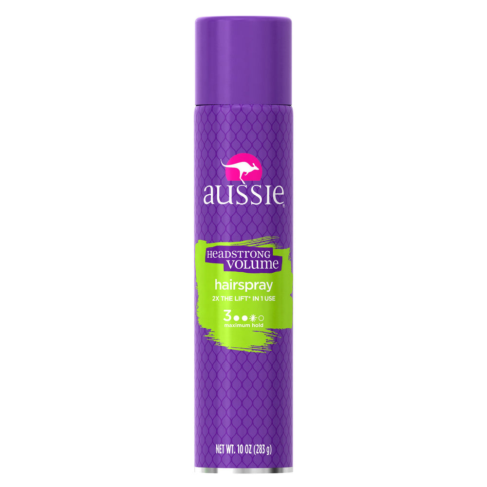 Aussie Headstrong Aerosol de volumen, lata visible, ofrece fijación.