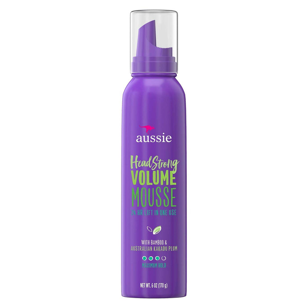 Aussie Mousse Volume 6 onzas: mousse para volumen y fijación duradera en el peinado.
