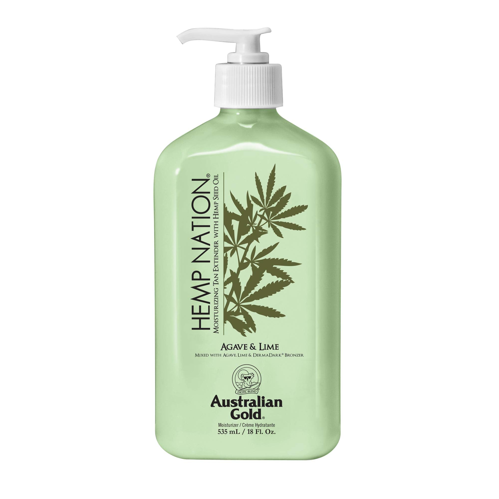 Australian Gold Hemp Nation Agave & Lime, botella derramando, extensor de bronceado suave y nutritivo.