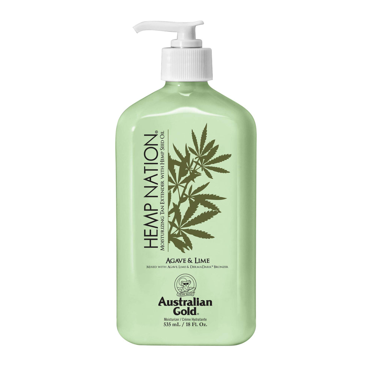 Australian Gold Hemp Nation Agave & Lime, botella derramando, extensor de bronceado suave y nutritivo.