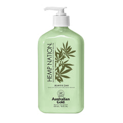 Australian Gold Hemp Nation Agave & Lime, botella derramando, extensor de bronceado suave y nutritivo.