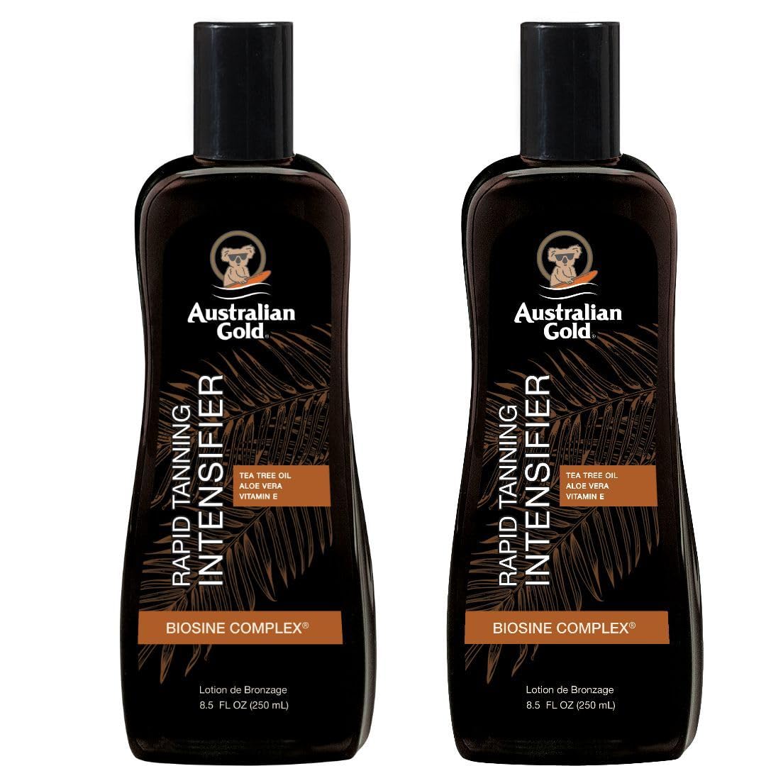 Loción Australian Gold bronceado rápido en bote, aplicación suave para pieles lisas.