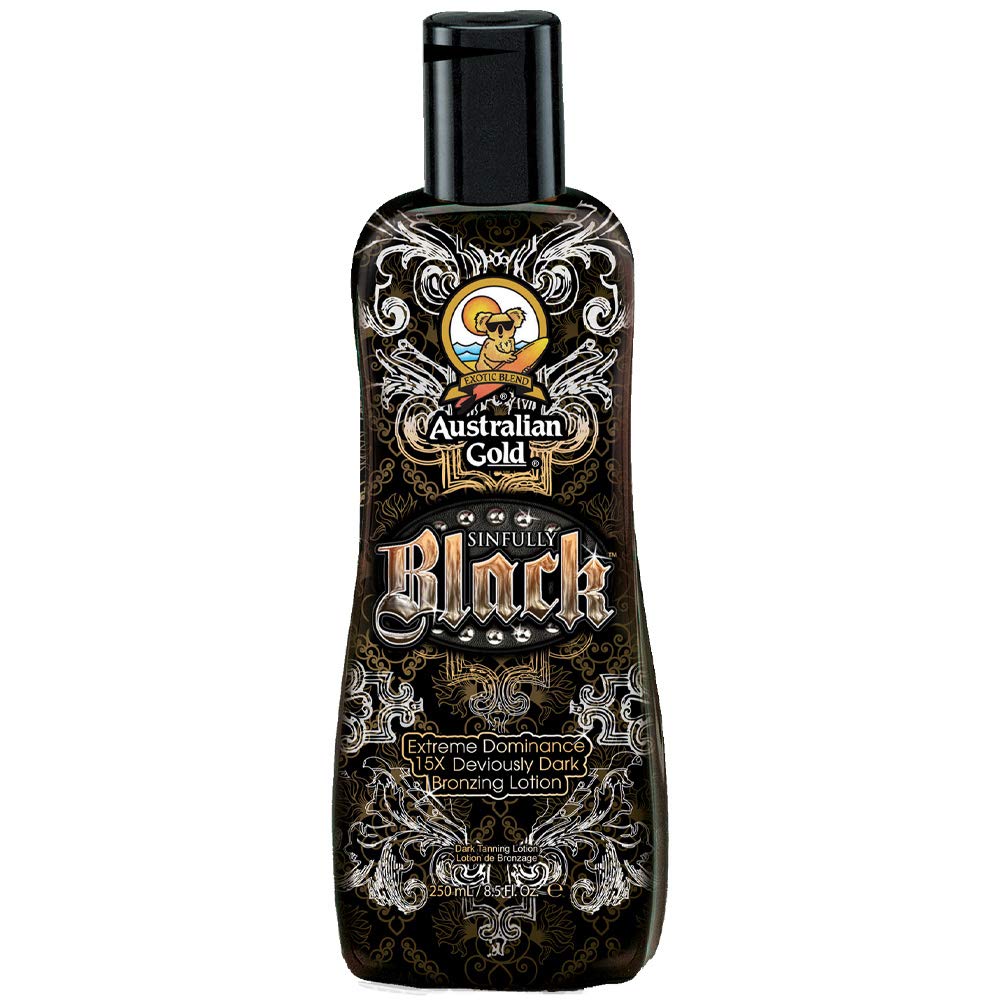 Australian Gold Sinfully Black bronceado profundo en la botella para iniciar el color.